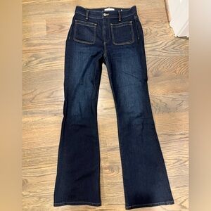 LOFT Petite Patch Pocket High Rise Slim Flare Jeans, Dark Indigo Wash, 27P